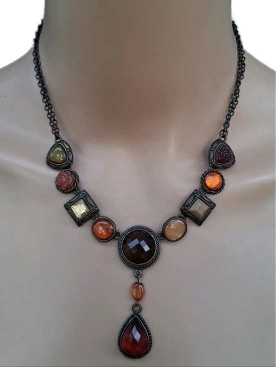 Vintage Jewelry - Vintage Earth Tone Mixed Media Statement Necklace - Bronze Tone Goth Romantic